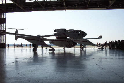 SpaceShipOne with White Knight - in shadow.